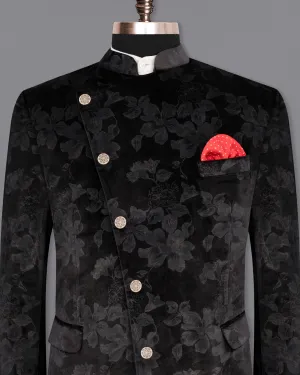 Jade Black Damask Inspired velvet Designed Cross-Buttoned Bandhgala Blazer