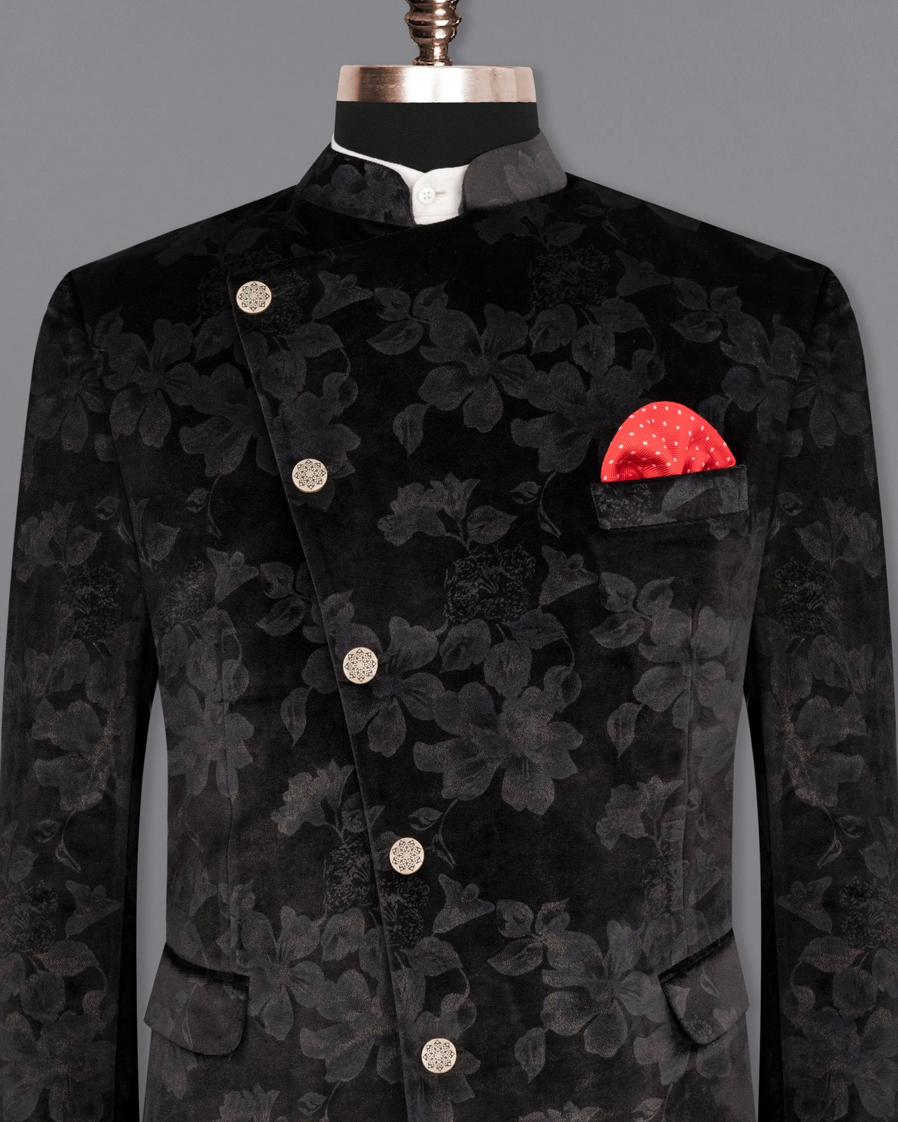 Jade Black Damask Inspired velvet Designed Cross-Buttoned Bandhgala Blazer