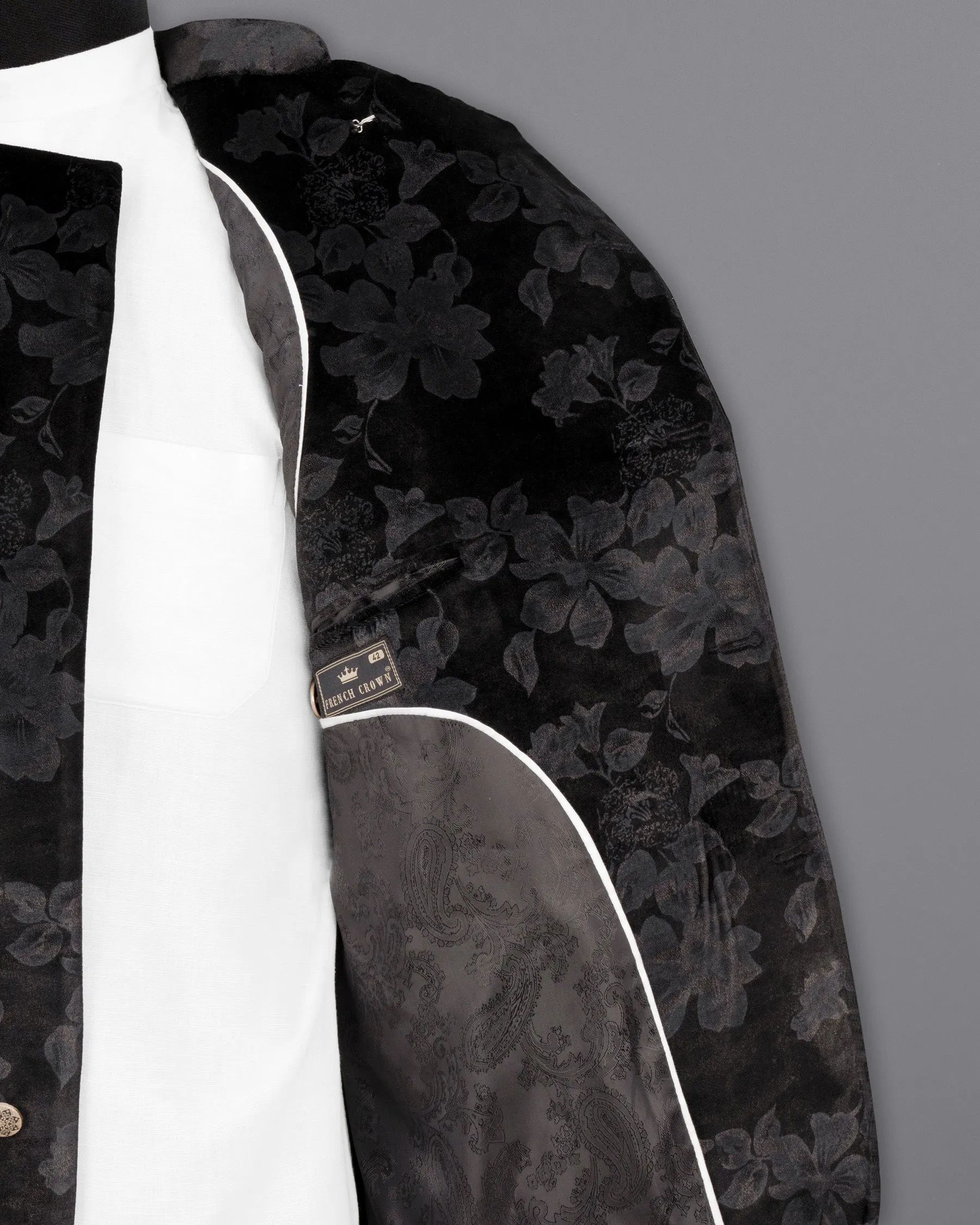 Jade Black Damask Inspired velvet Designed Cross-Buttoned Bandhgala Blazer