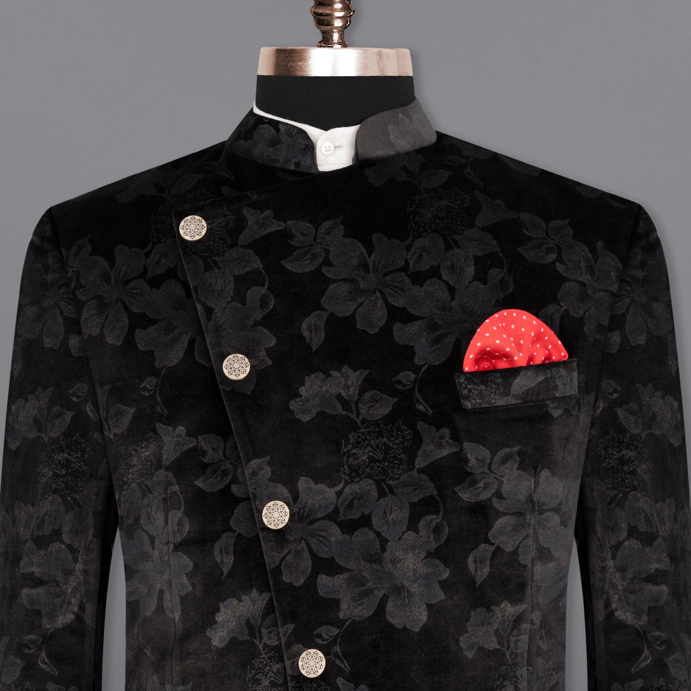 Jade Black Damask Inspired velvet Designed Cross-Buttoned Bandhgala Blazer