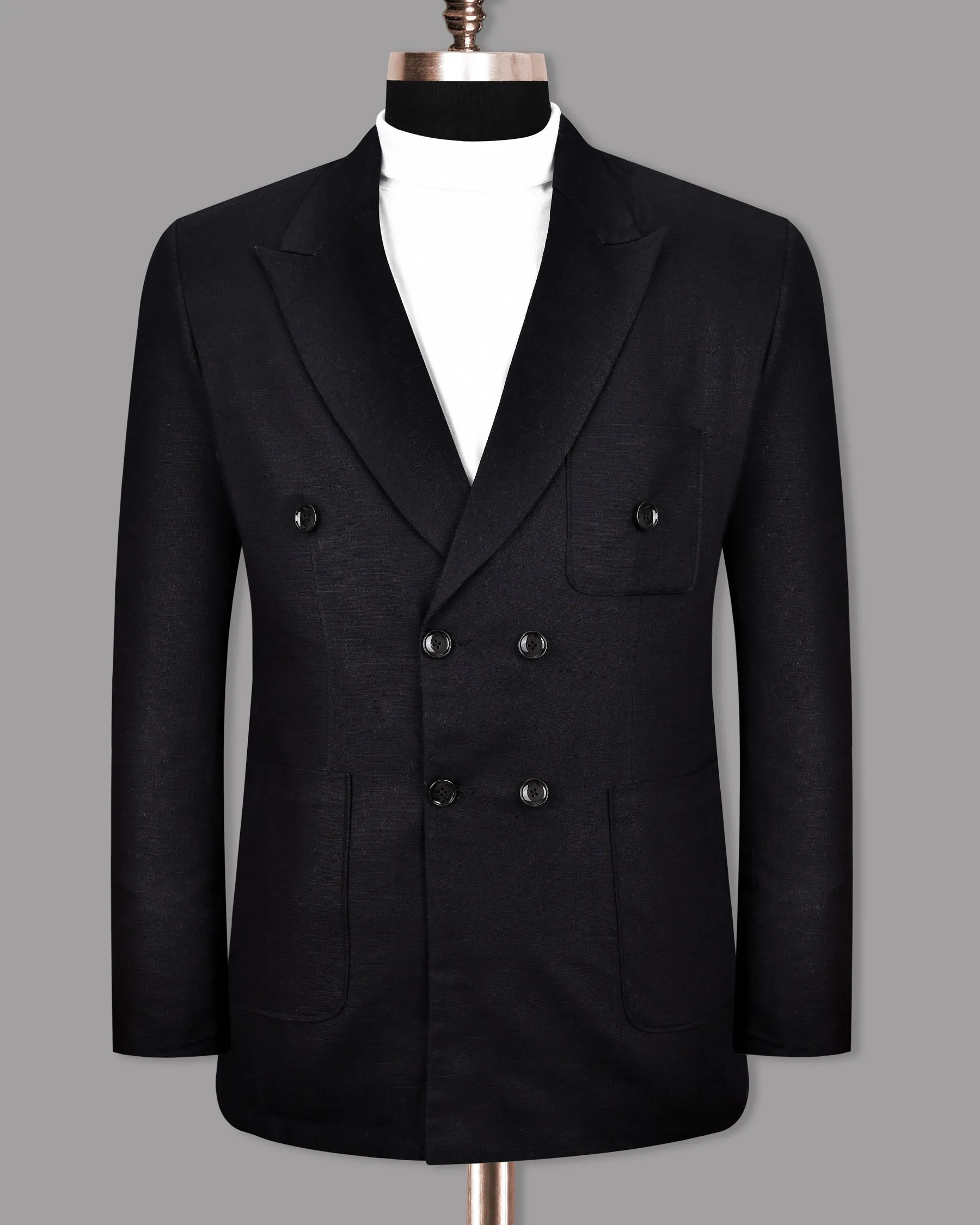Jade Black Luxurious Linen Double-Breasted Sports Blazer