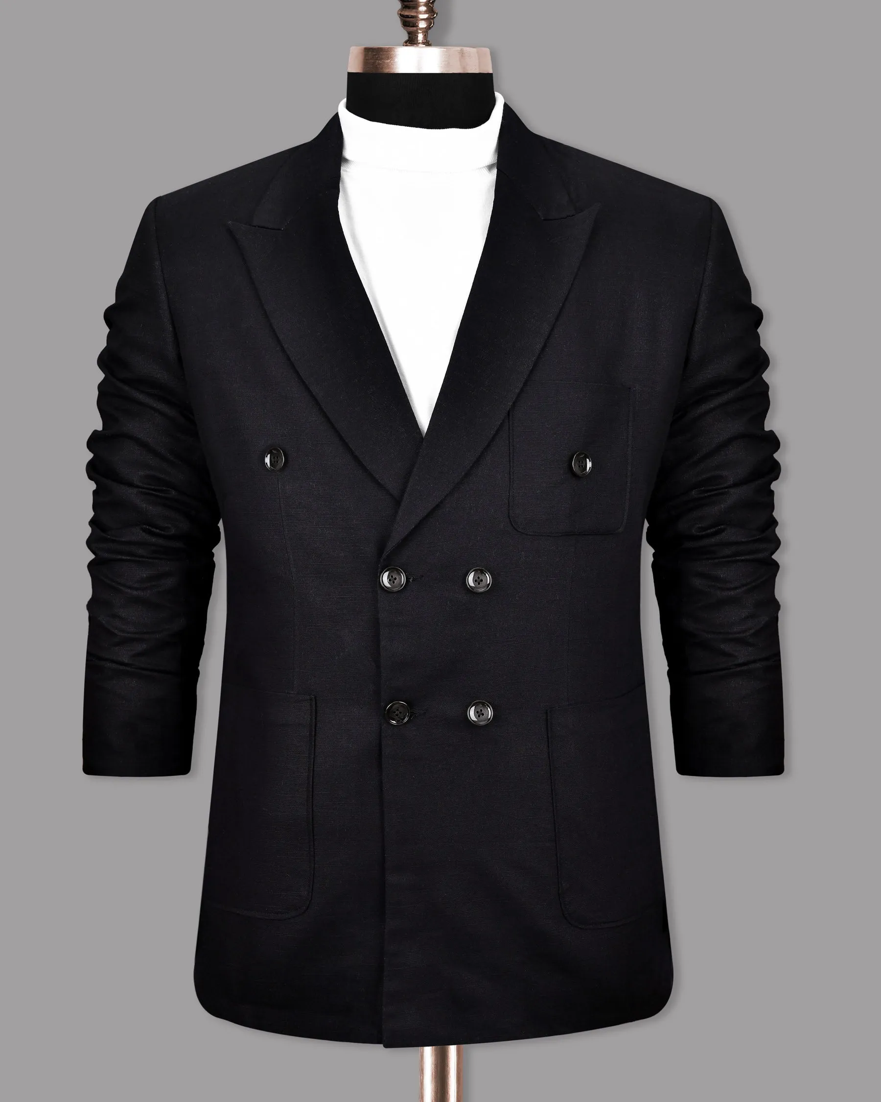Jade Black Luxurious Linen Double-Breasted Sports Blazer