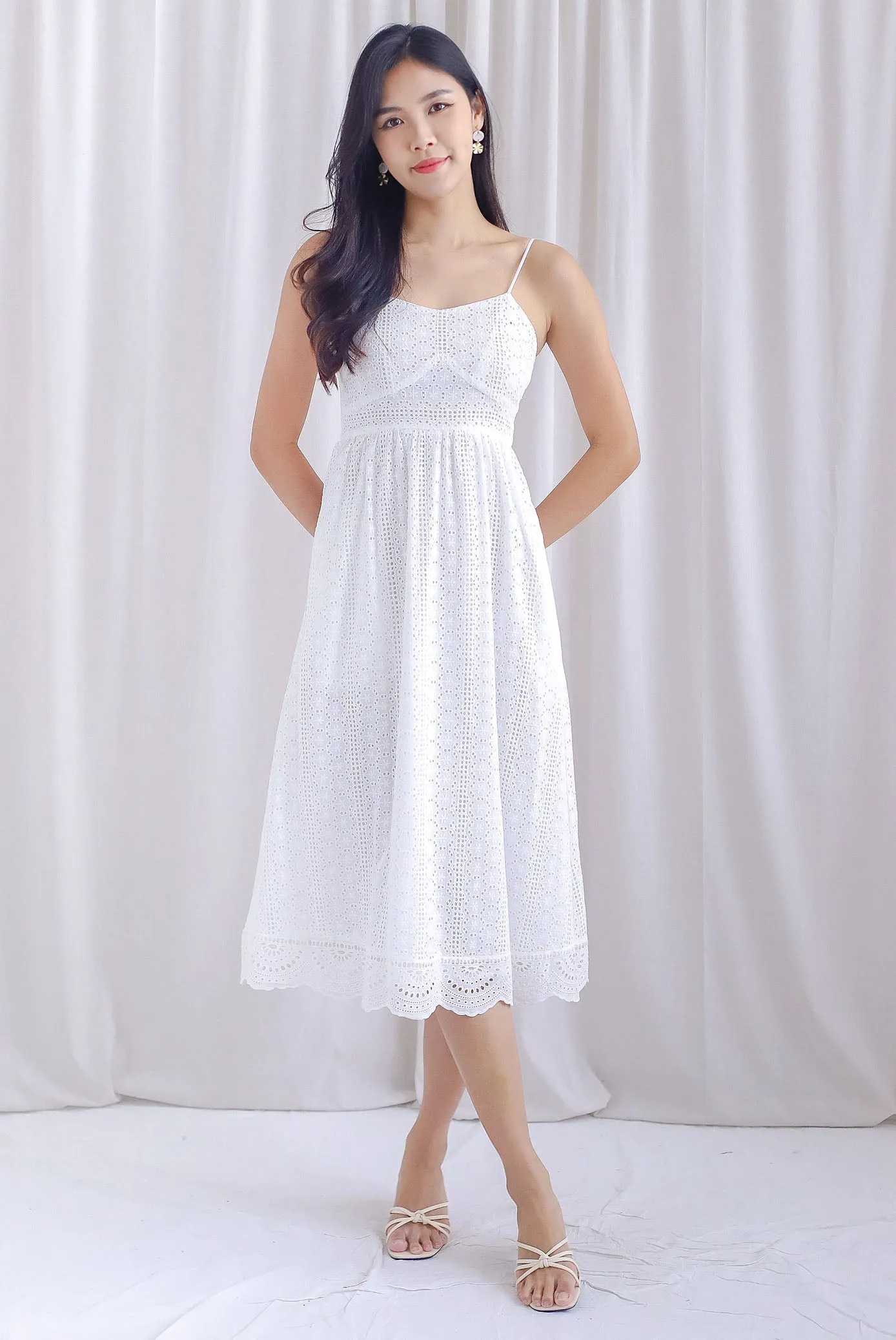 Jasmine Eyelet Spag Midi Dress In White