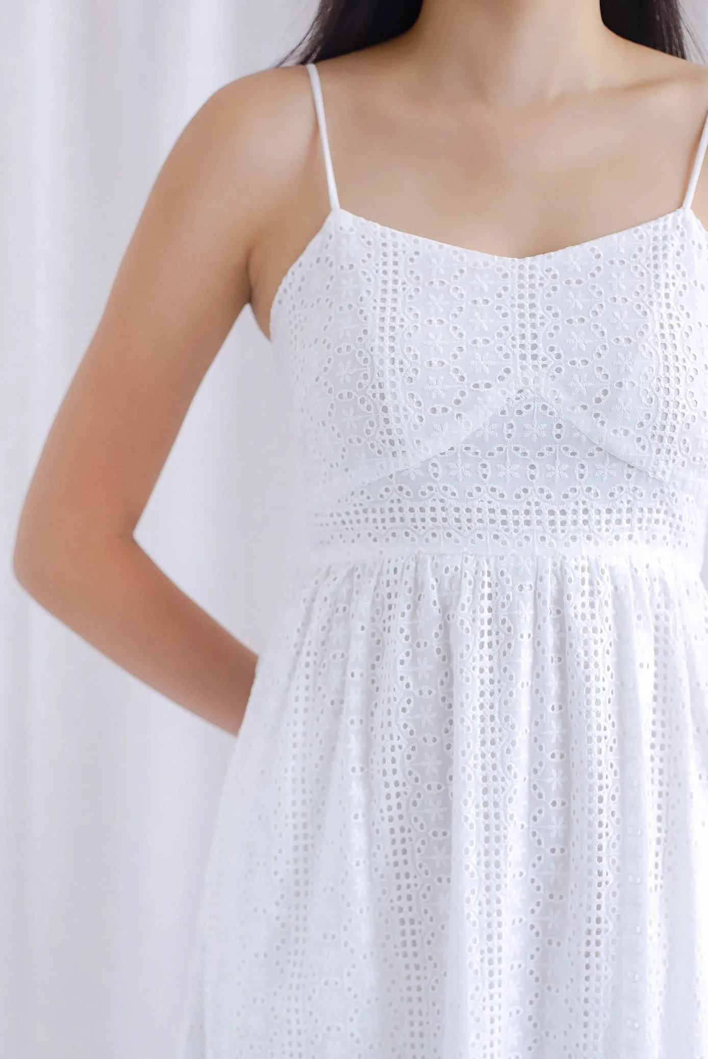 Jasmine Eyelet Spag Midi Dress In White
