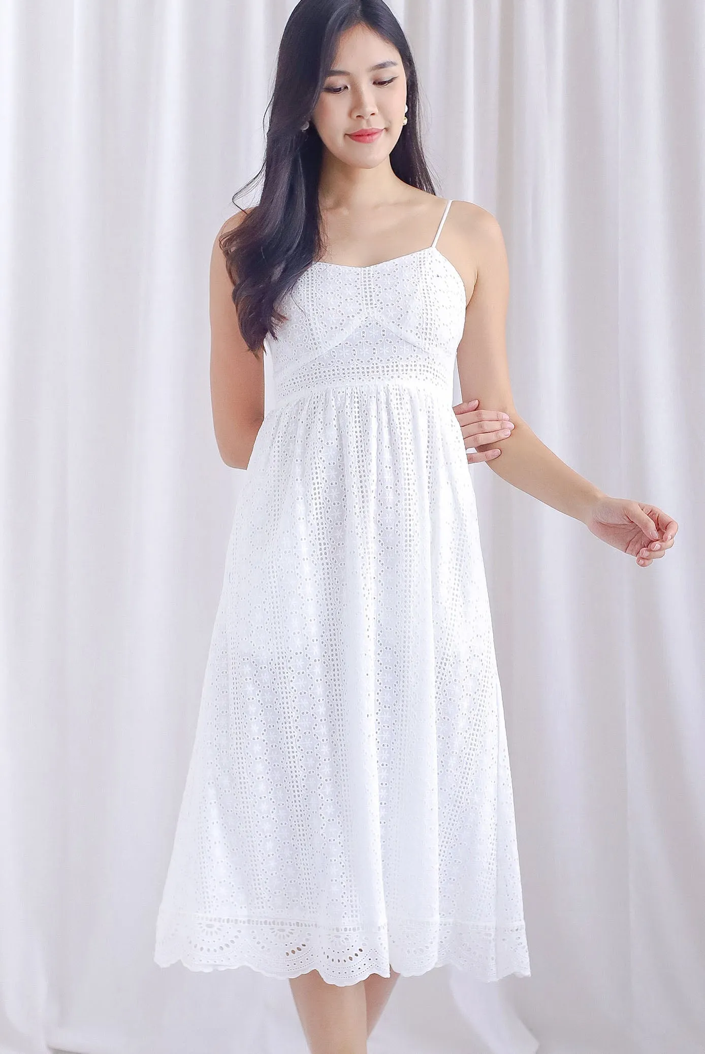 Jasmine Eyelet Spag Midi Dress In White