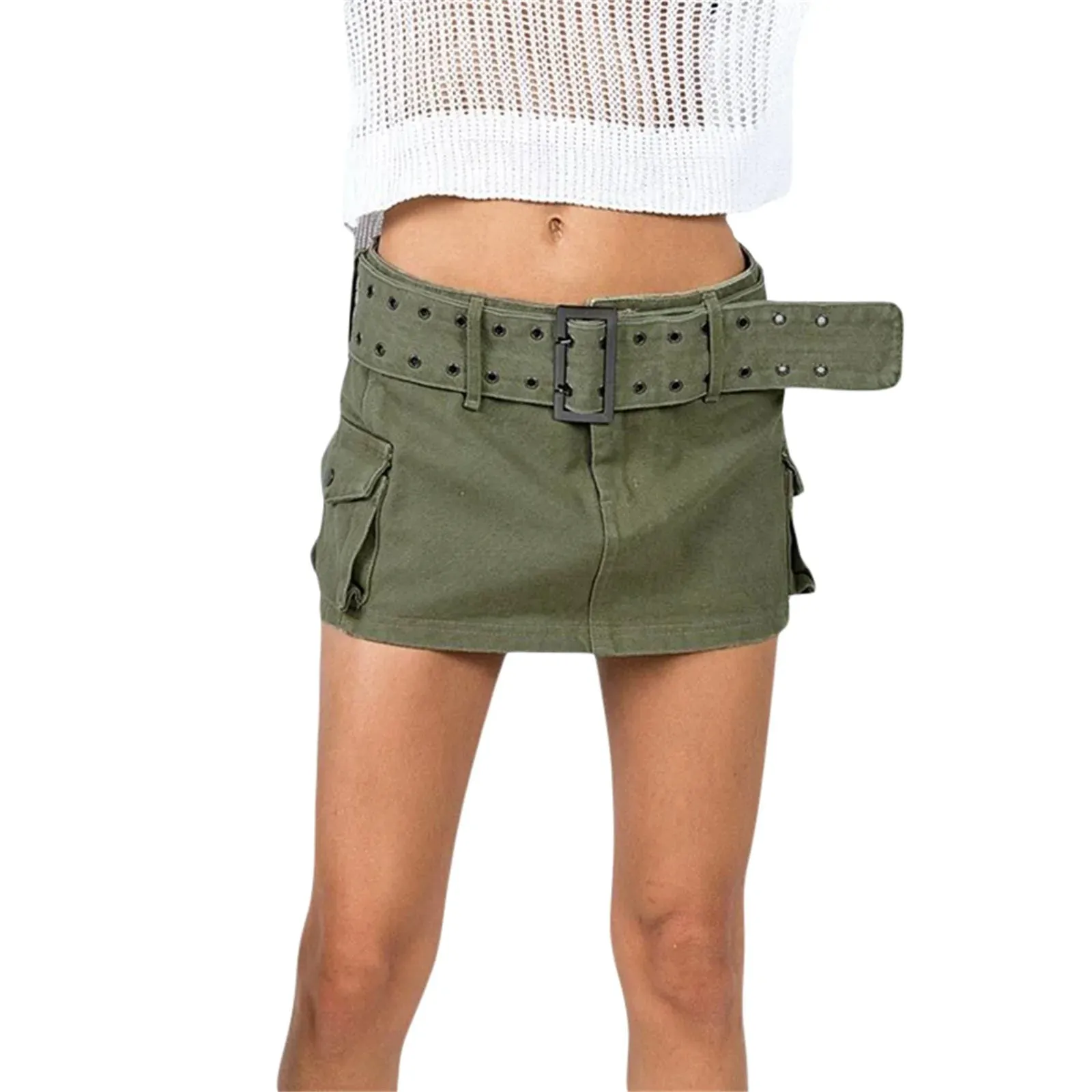JazzHer-Women Denim Skirts Solid Color Pockets Mini Pencil Skirt Summer Wrapped Hip Fashion Short Skirts with Belt