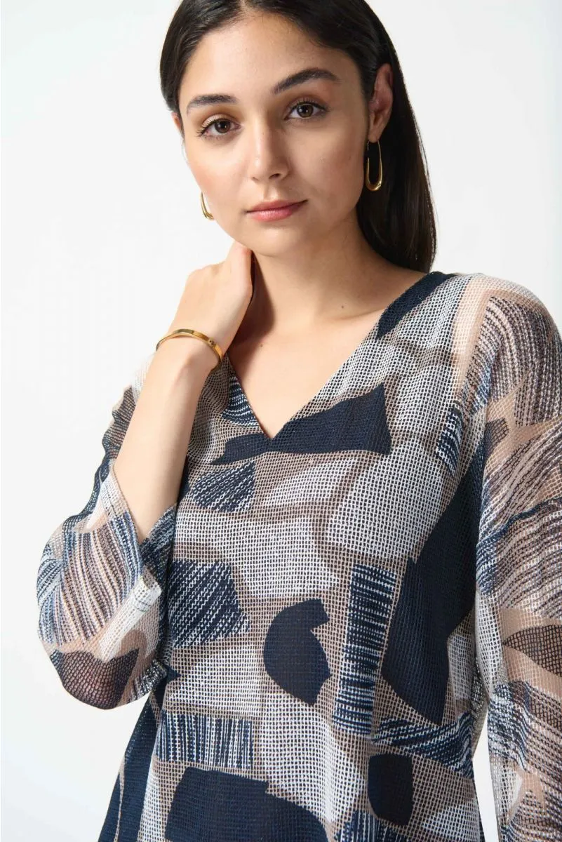Joseph Ribkoff Vanilla/Multi Geometric Print Mesh Overlay V-Neck Top 242200