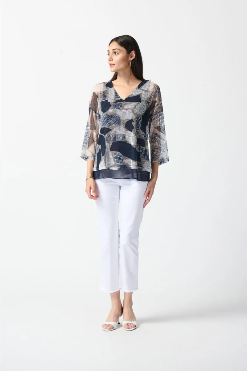 Joseph Ribkoff Vanilla/Multi Geometric Print Mesh Overlay V-Neck Top 242200