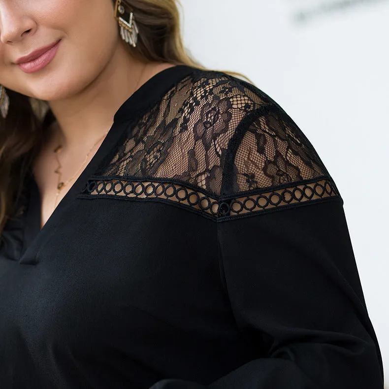 Lace Stitching Lantern Long-sleeved Lace High Waist V-neck Large Size Women's Skirt