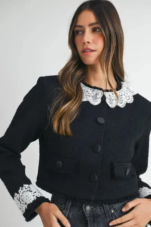 Lace Trim Collar Tweed Crop Jacket: Timeless Elegance