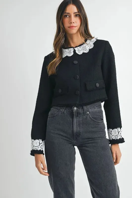 Lace Trim Collar Tweed Crop Jacket: Timeless Elegance