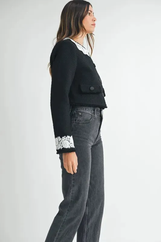 Lace Trim Collar Tweed Crop Jacket: Timeless Elegance