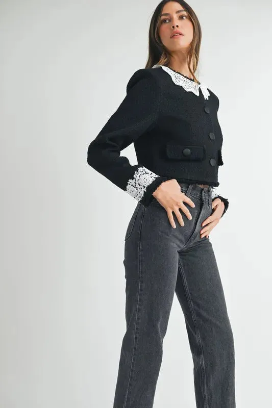 Lace Trim Collar Tweed Crop Jacket: Timeless Elegance