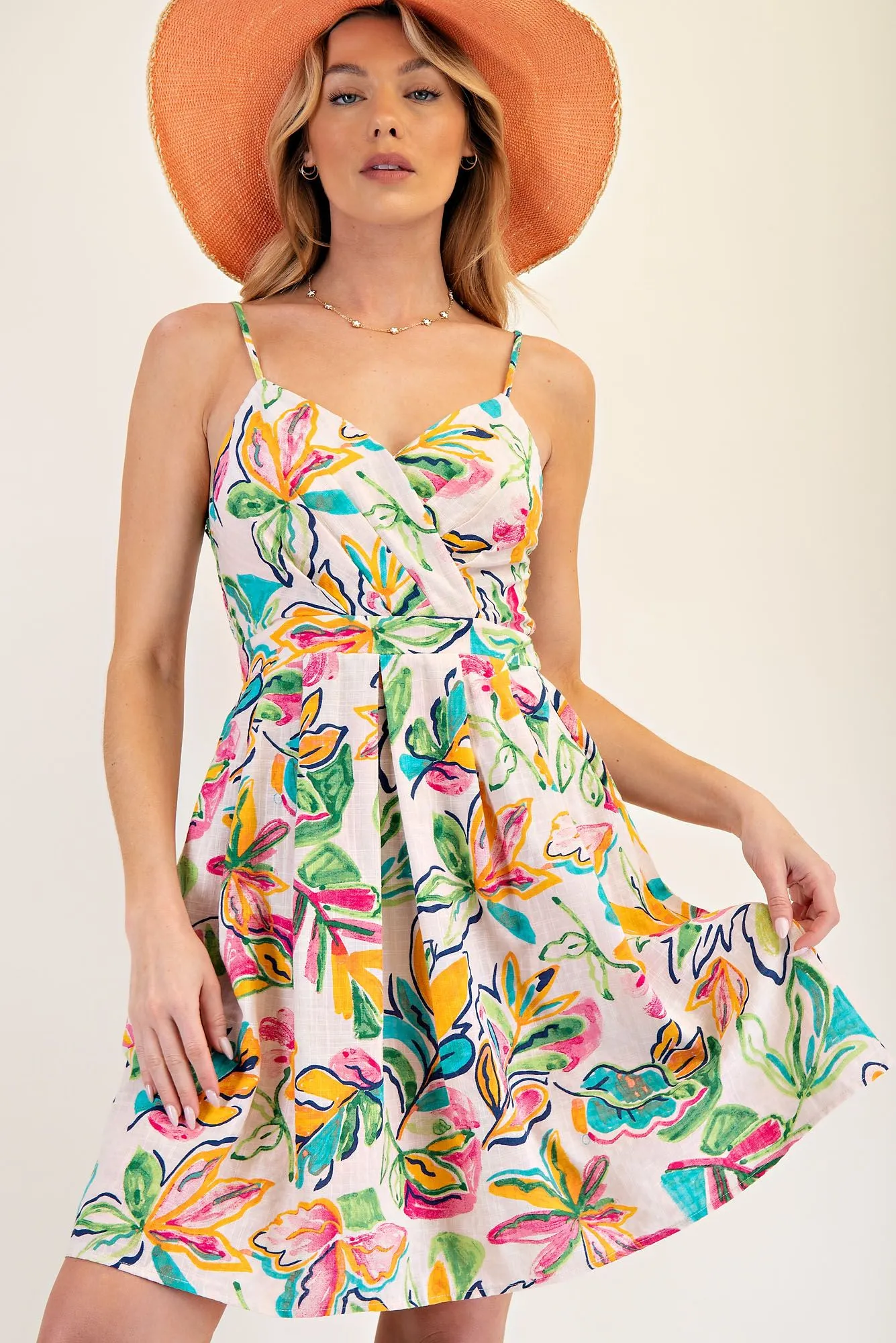 Ladies Easel Floral Printed Slub Dress - ED26149