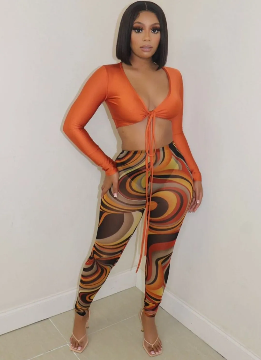 Ladies Sheer Two Piece V-Neck Long Sleeve Crop Top & Mesh Pants