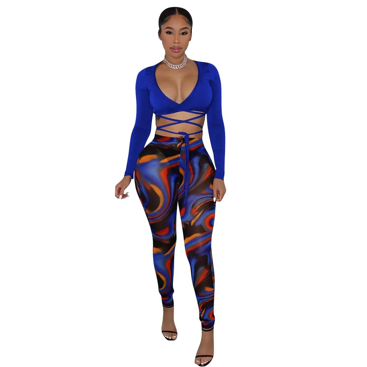 Ladies Sheer Two Piece V-Neck Long Sleeve Crop Top & Mesh Pants