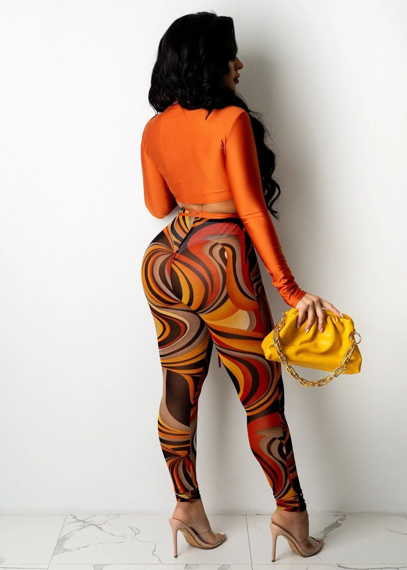 Ladies Sheer Two Piece V-Neck Long Sleeve Crop Top & Mesh Pants