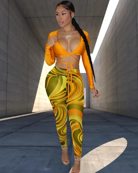 Ladies Sheer Two Piece V-Neck Long Sleeve Crop Top & Mesh Pants
