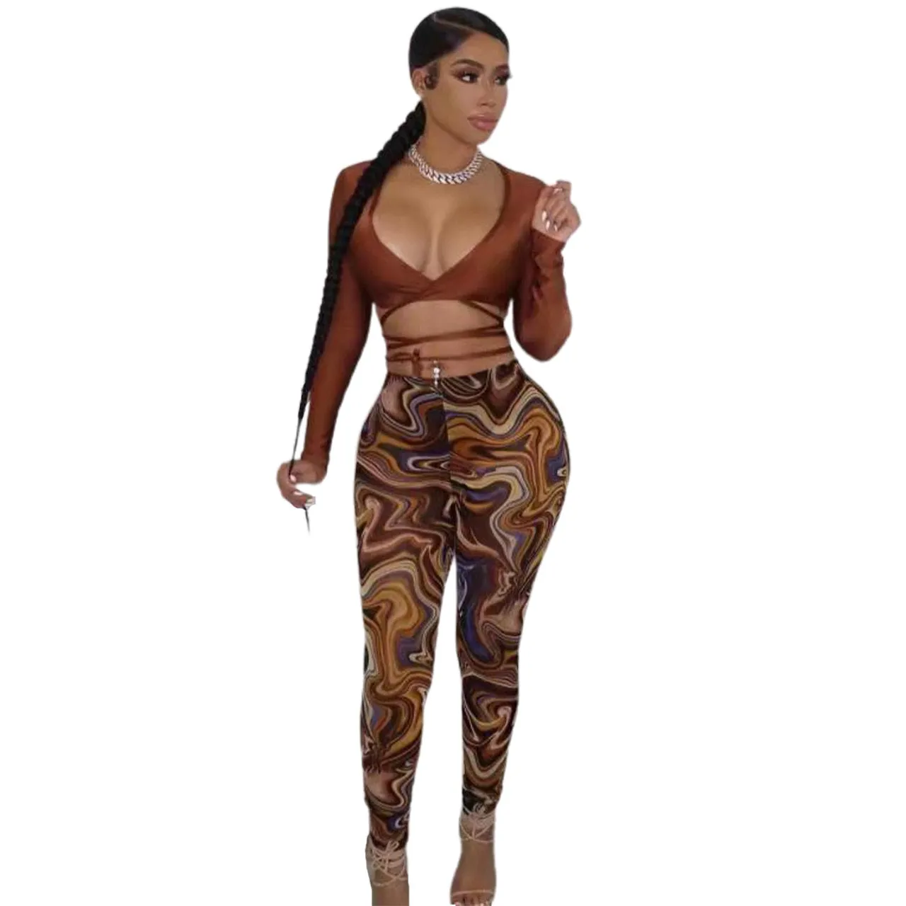 Ladies Sheer Two Piece V-Neck Long Sleeve Crop Top & Mesh Pants
