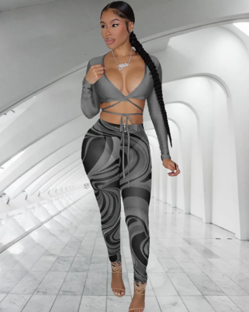 Ladies Sheer Two Piece V-Neck Long Sleeve Crop Top & Mesh Pants