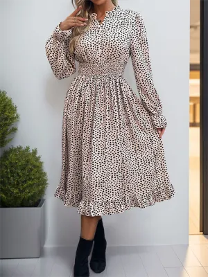 Leopard Print Midi Dress with Smocked Waist and Ruffled Hem
