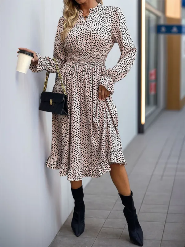 Leopard Print Midi Dress with Smocked Waist and Ruffled Hem