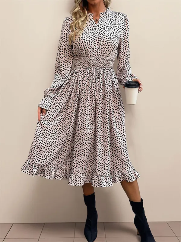 Leopard Print Midi Dress with Smocked Waist and Ruffled Hem