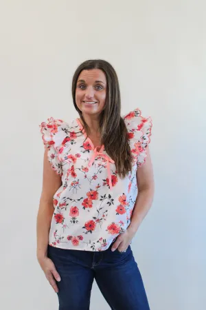 LESLEY FLORAL V-NECK RUFFLE BLOUSE