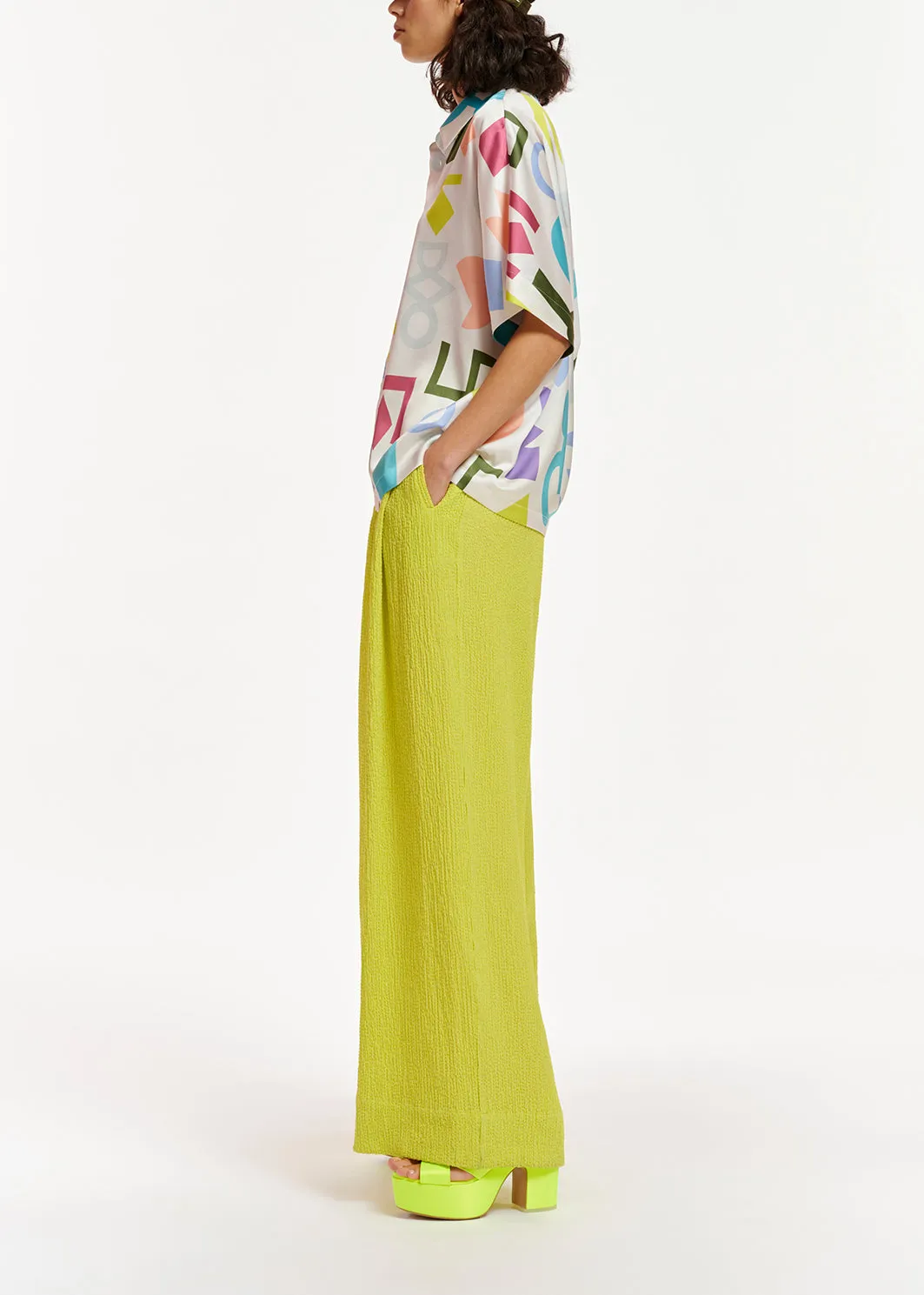 Lime green wide-leg seersucker pants