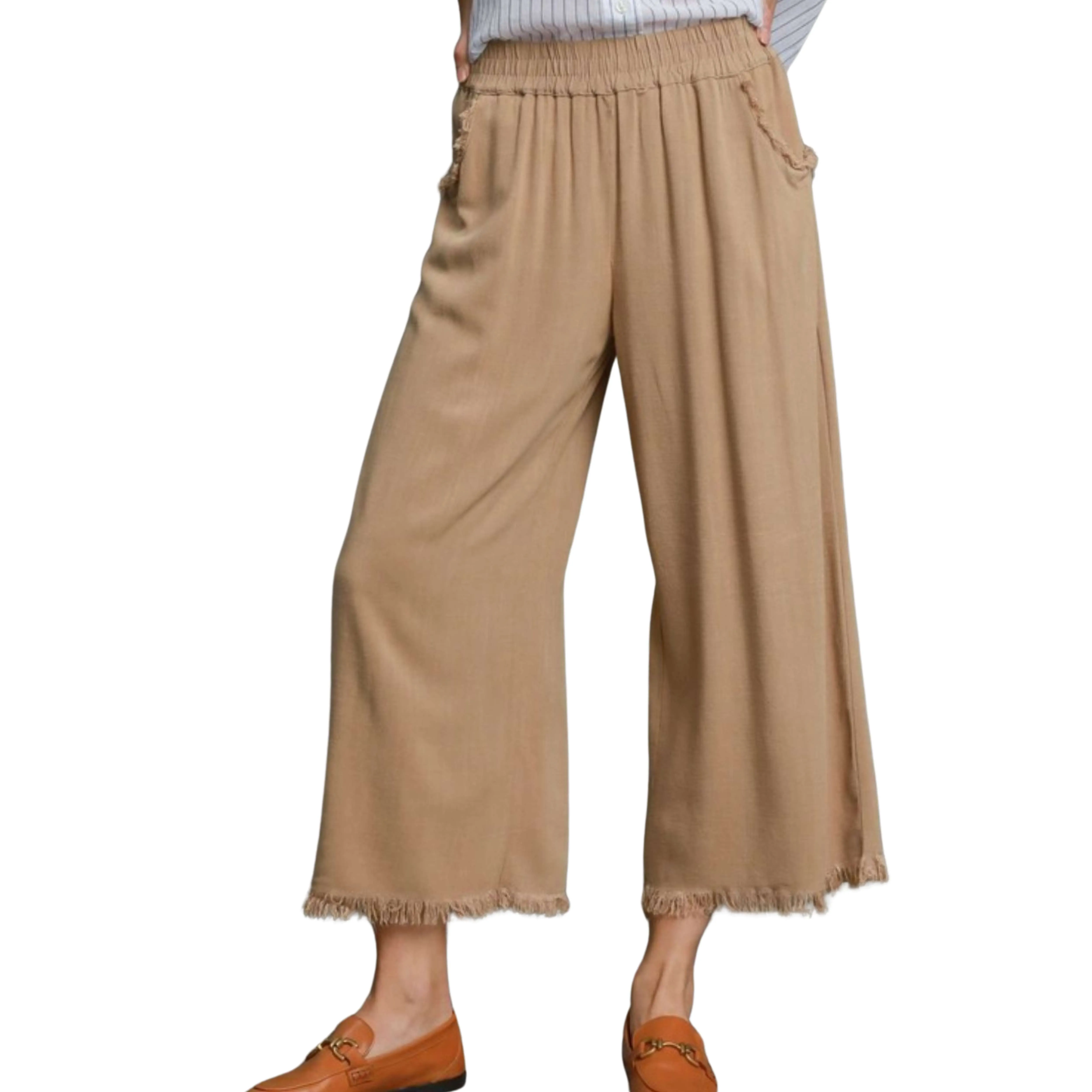 LINEN BLEND ELASTIC WAISTBAND WIDE LEG PANT