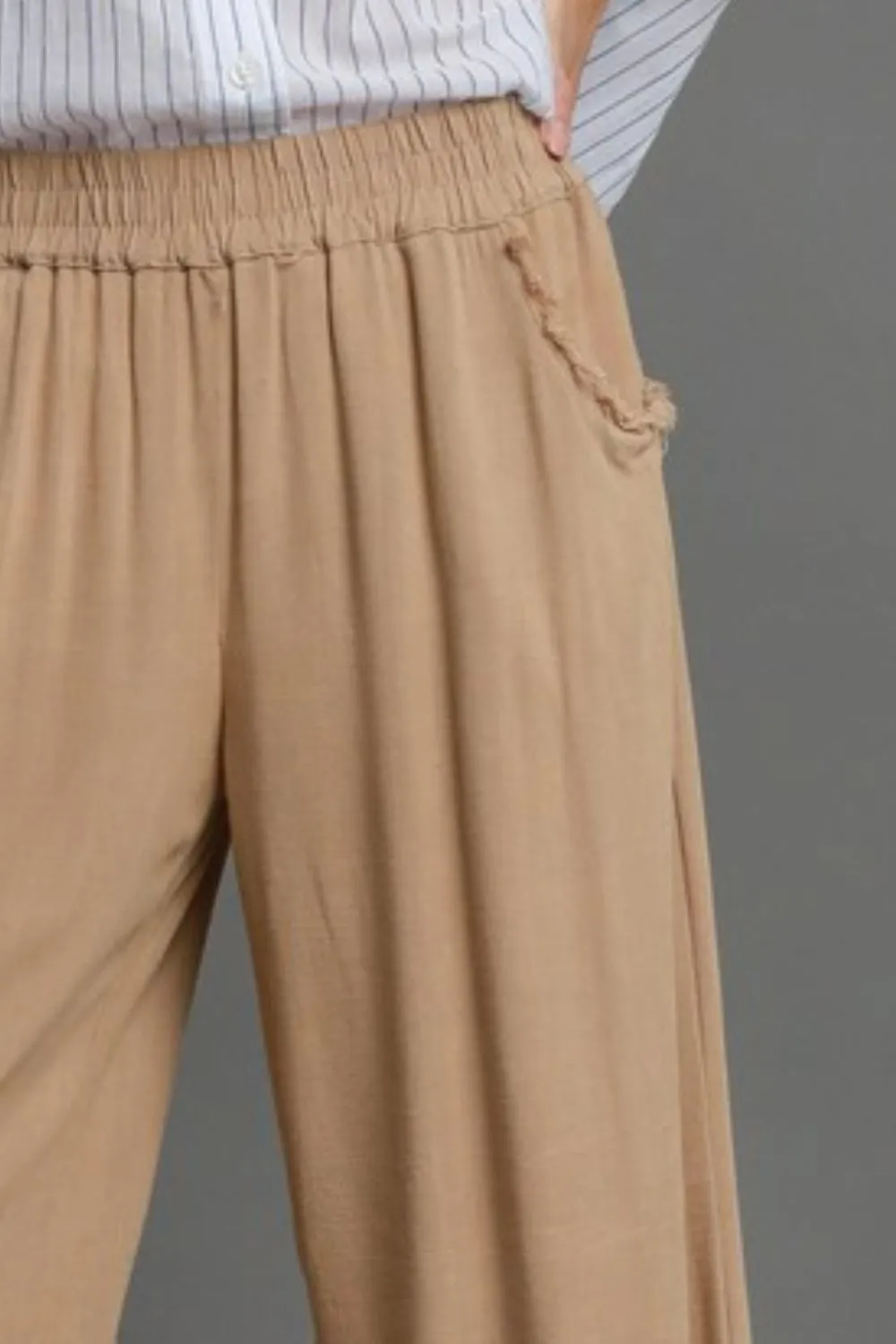 LINEN BLEND ELASTIC WAISTBAND WIDE LEG PANT