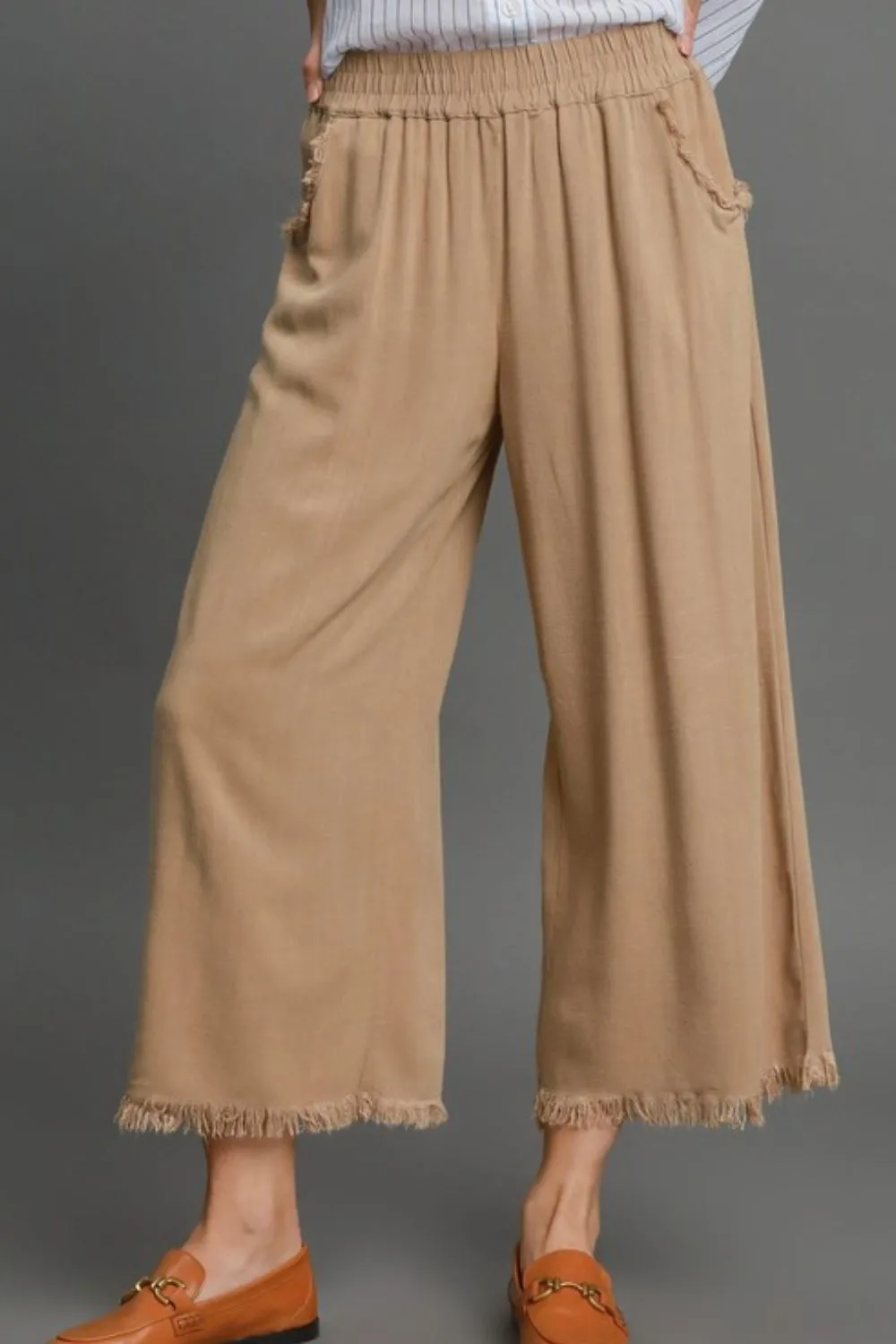 LINEN BLEND ELASTIC WAISTBAND WIDE LEG PANT