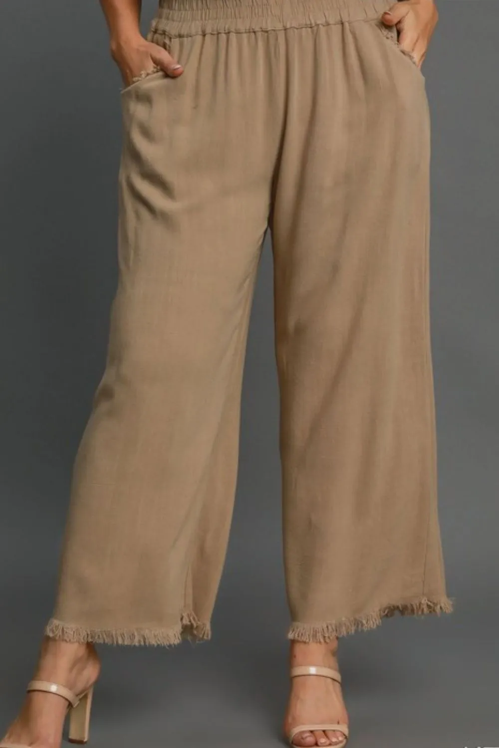 LINEN BLEND ELASTIC WAISTBAND WIDE LEG PANT