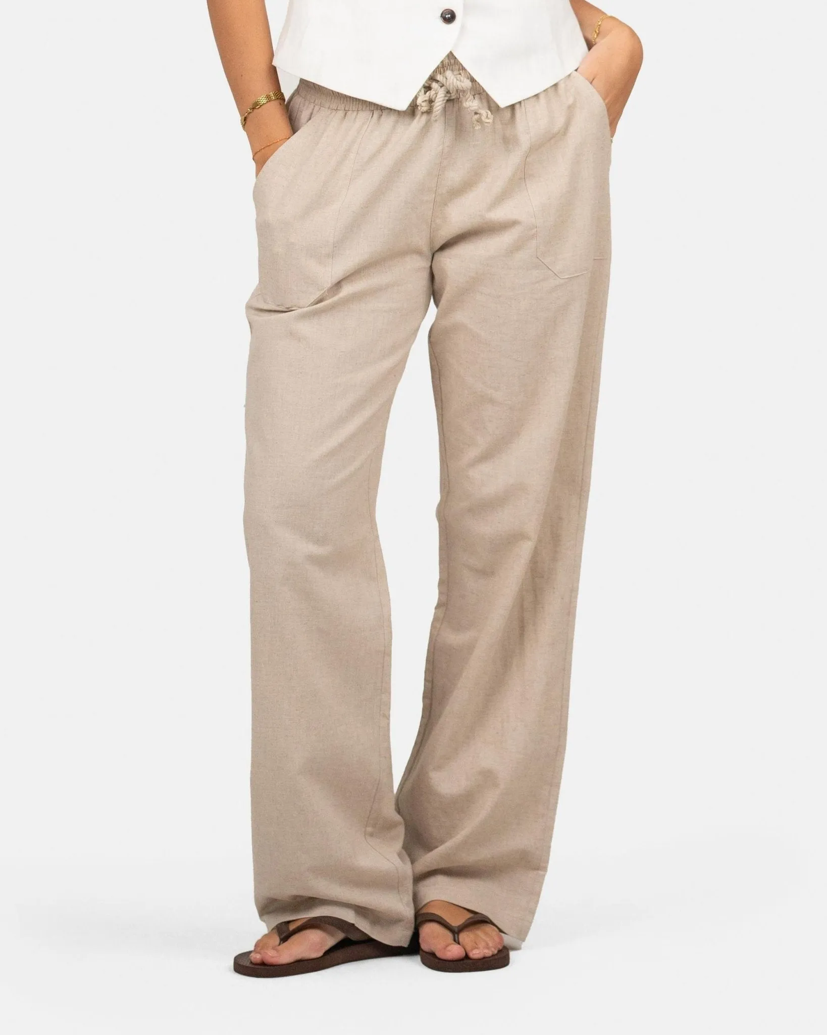 Linen Pants Low-Waisted Beige