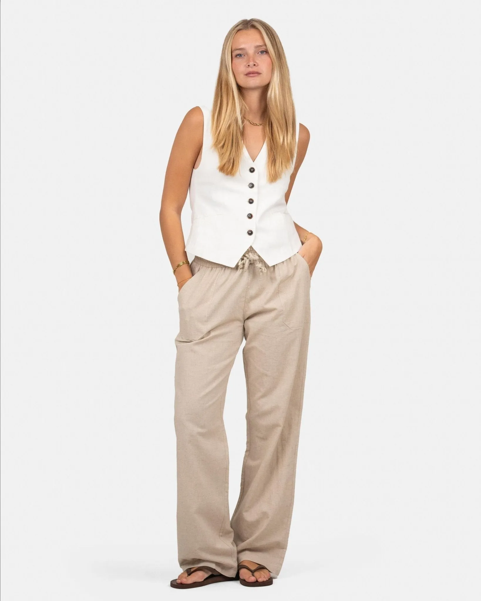 Linen Pants Low-Waisted Beige