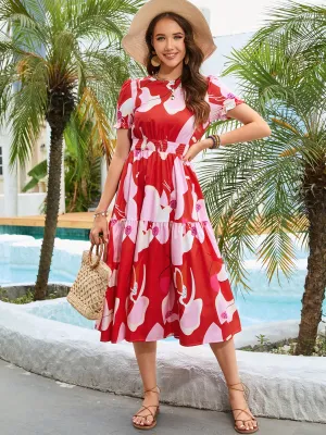 Linlee Printed Round Neck Flounce Sleeve Midi Dress