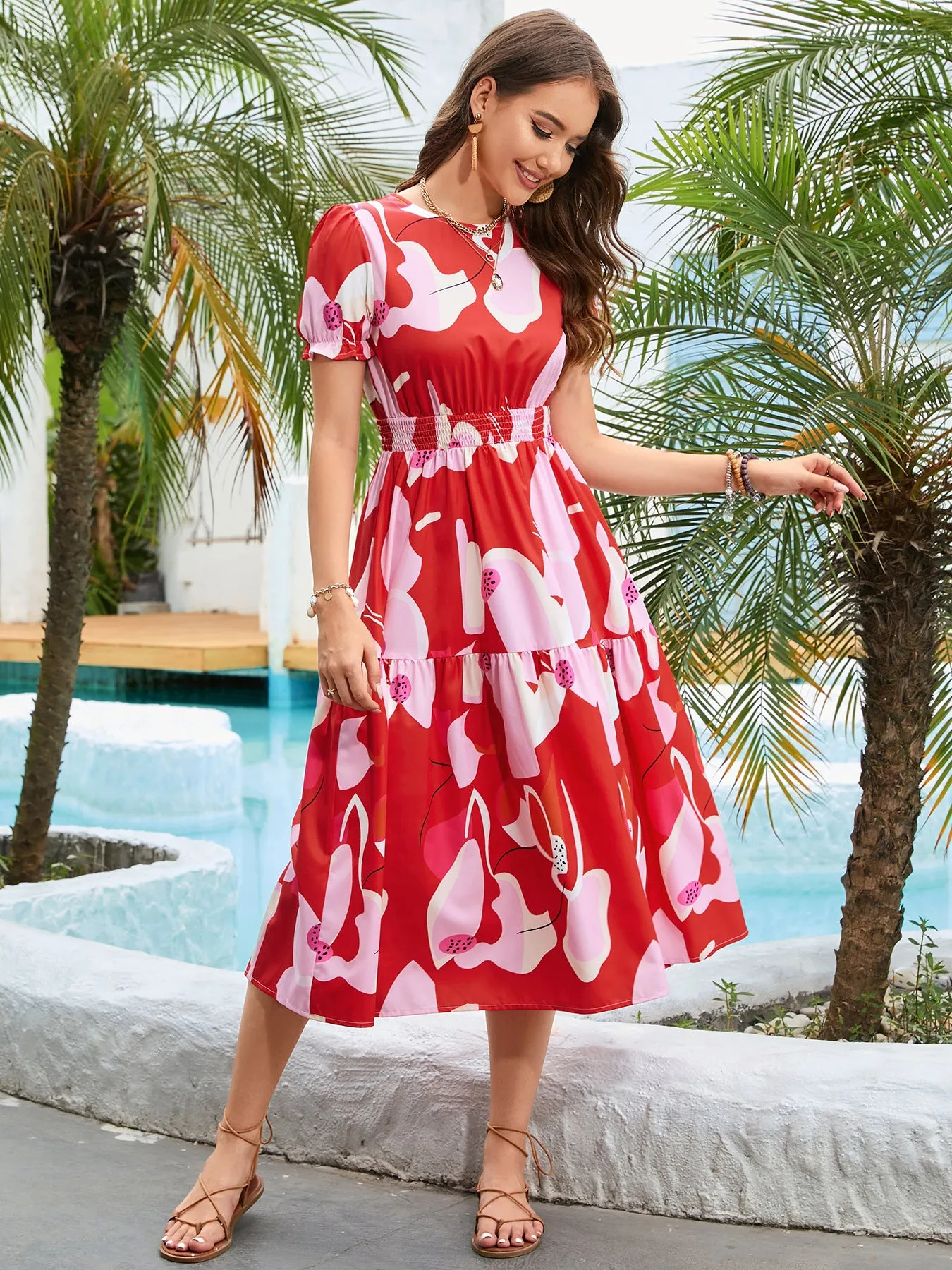 Linlee Printed Round Neck Flounce Sleeve Midi Dress