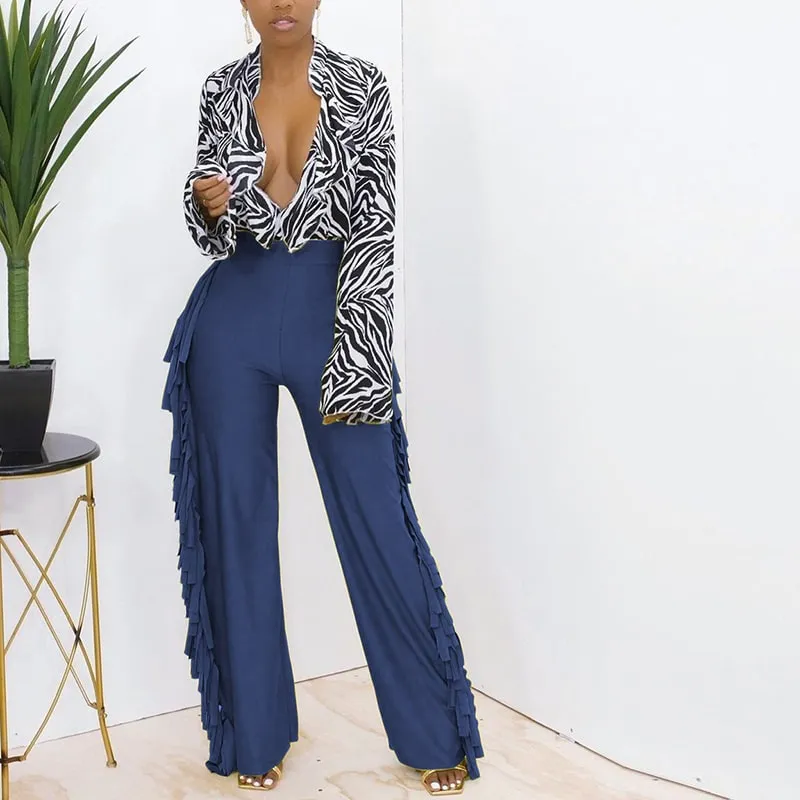Lola High-Waisted Wide Leg Fringe Trim Pants