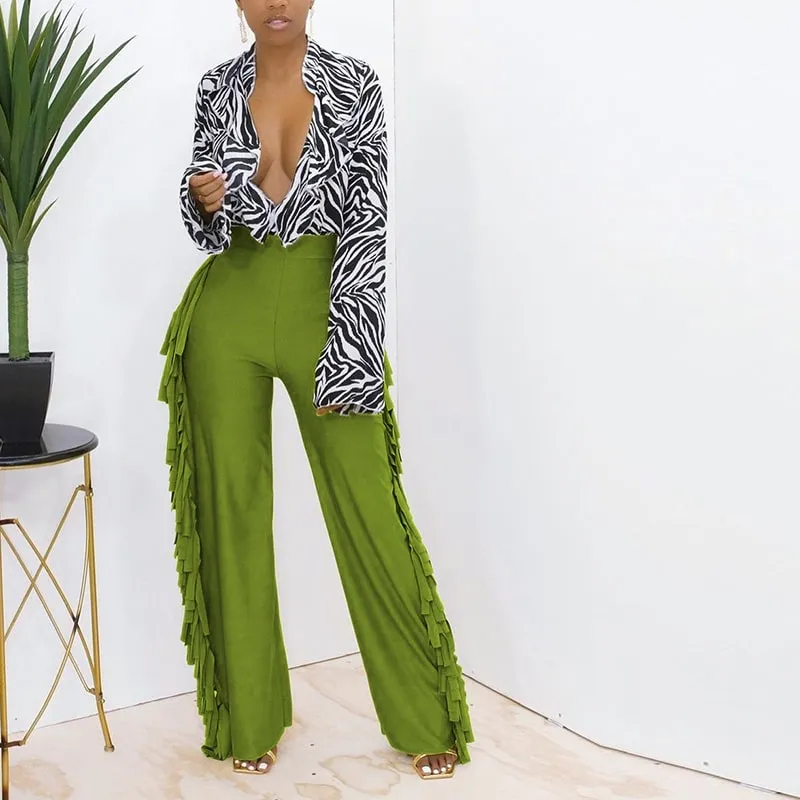 Lola High-Waisted Wide Leg Fringe Trim Pants
