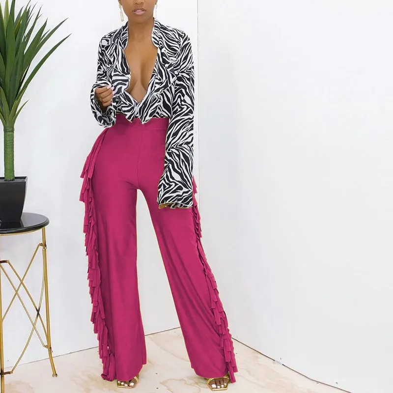 Lola High-Waisted Wide Leg Fringe Trim Pants