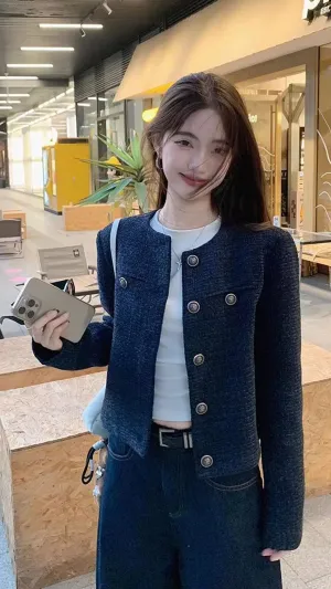 Long Sleeve Vintage Blue Color Elegant Tweed Jacket