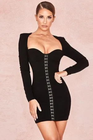 long-sleeved V-neck breast-wrapped metal button hip dress
