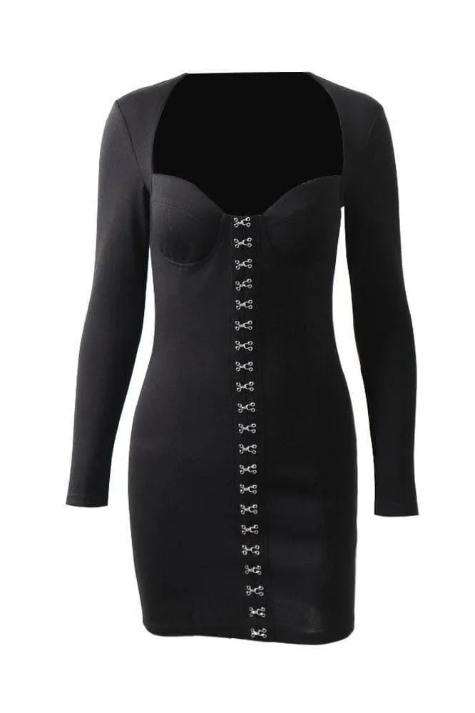 long-sleeved V-neck breast-wrapped metal button hip dress