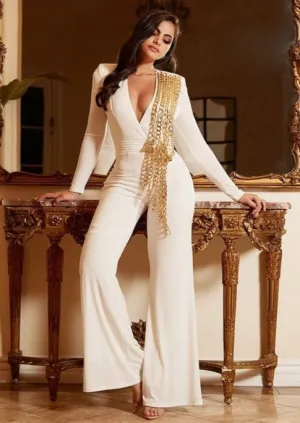 Lucia White Chain Jumpsuit – Elegant Long-Sleeve Wide-Leg Jumpsuit for Special Occasions