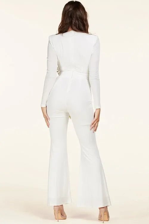 Lucia White Chain Jumpsuit – Elegant Long-Sleeve Wide-Leg Jumpsuit for Special Occasions