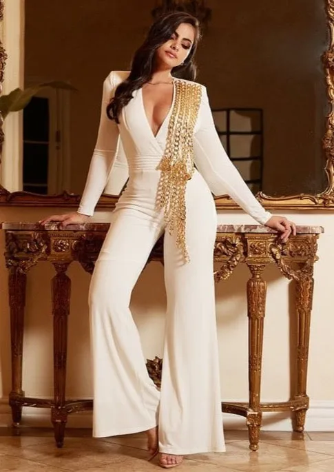 Lucia White Chain Jumpsuit – Elegant Long-Sleeve Wide-Leg Jumpsuit for Special Occasions