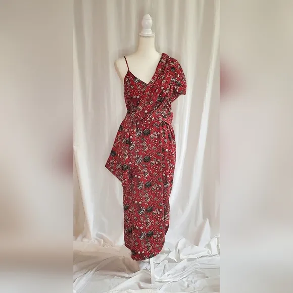 Making the Cut S3 Ep5 Red Floral Pattern Sash Wrapped Midi Dress Womens Size 2XL