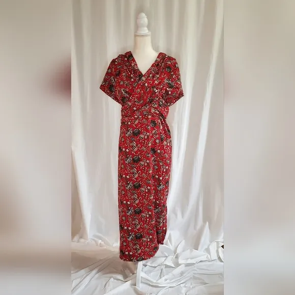 Making the Cut S3 Ep5 Red Floral Pattern Sash Wrapped Midi Dress Womens Size 2XL