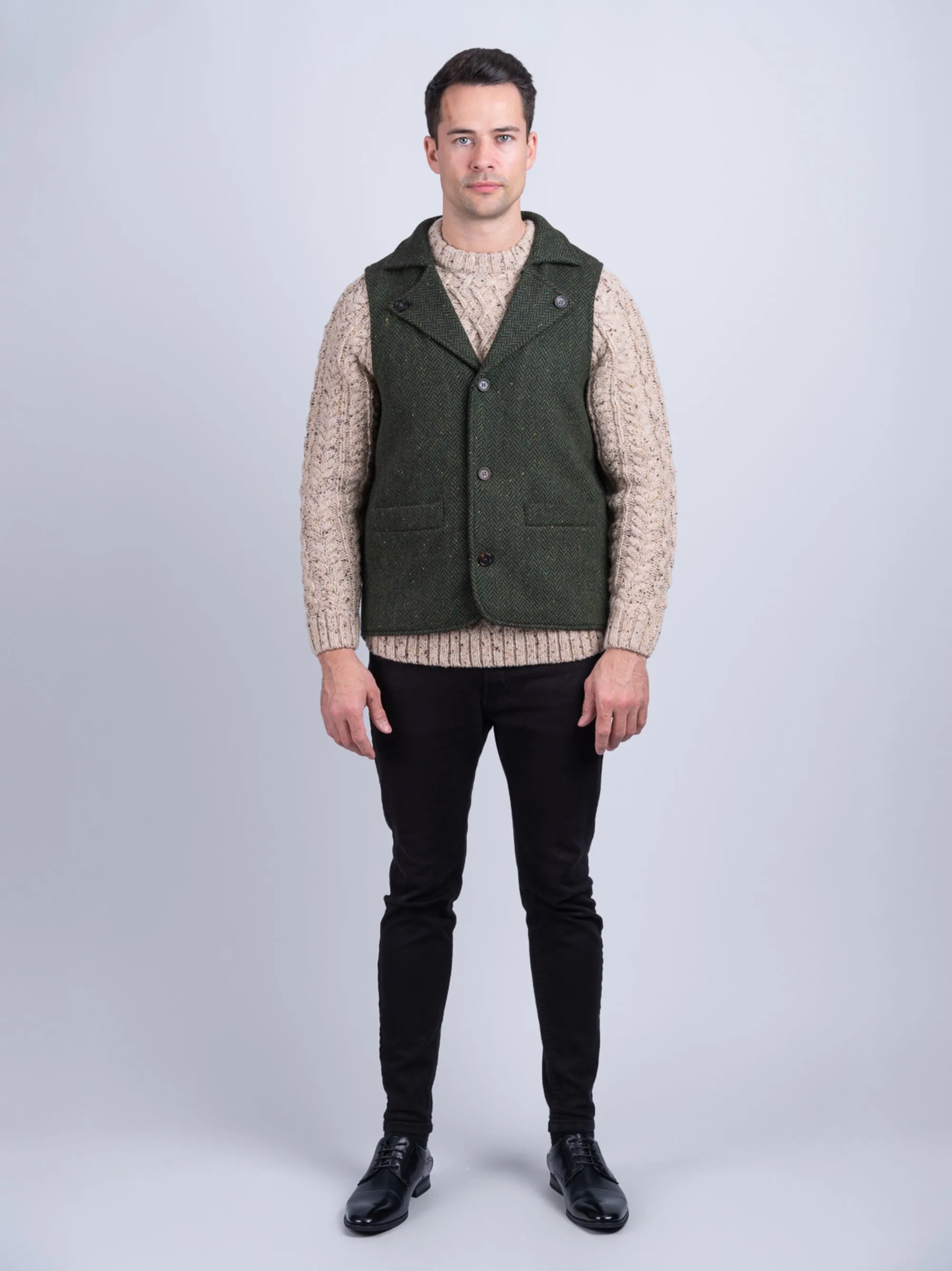 Man Of Aran Green Herringbone Tweed Waistcoat & Vest