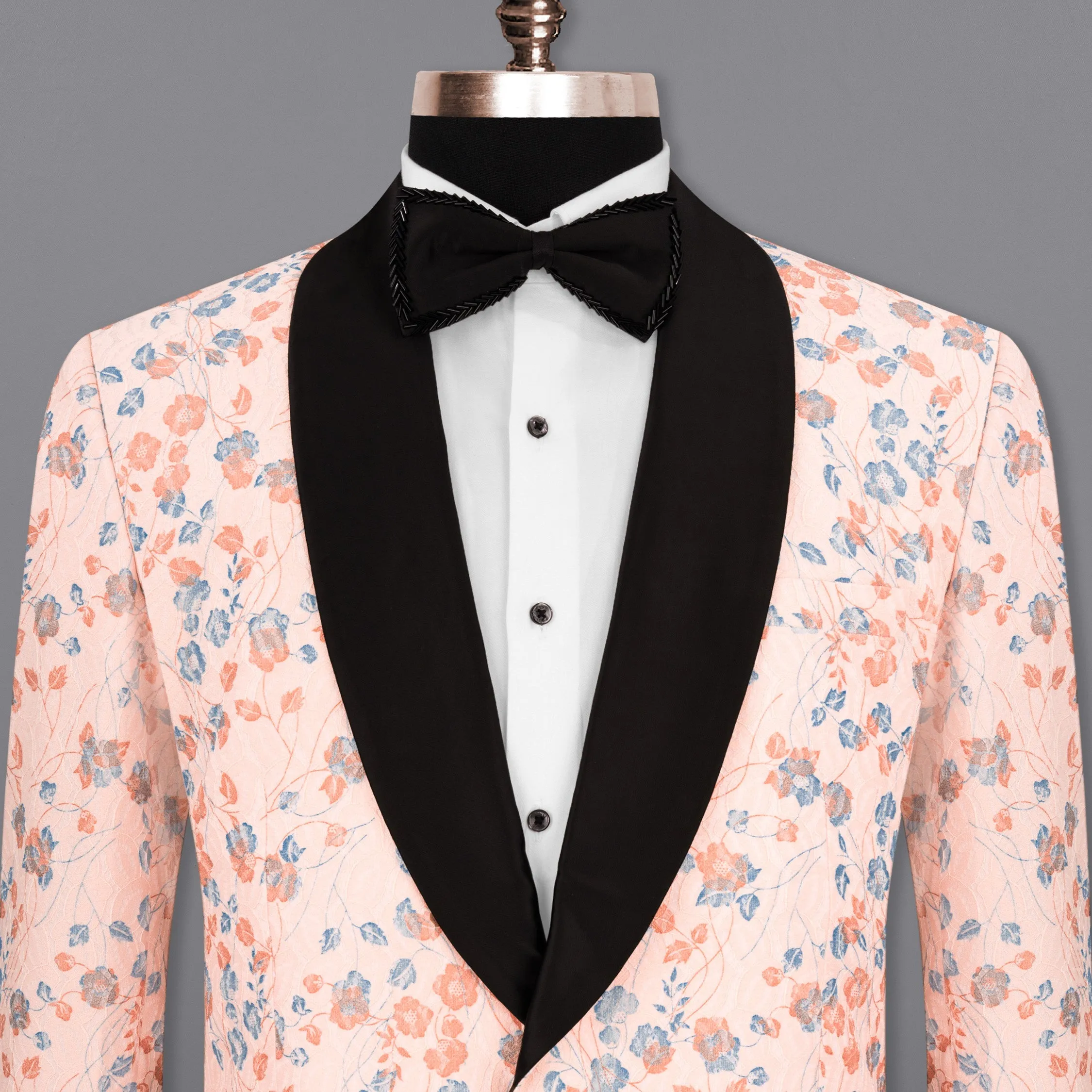Mandys Pink Floral Textured Designer Tuxedo Blazer